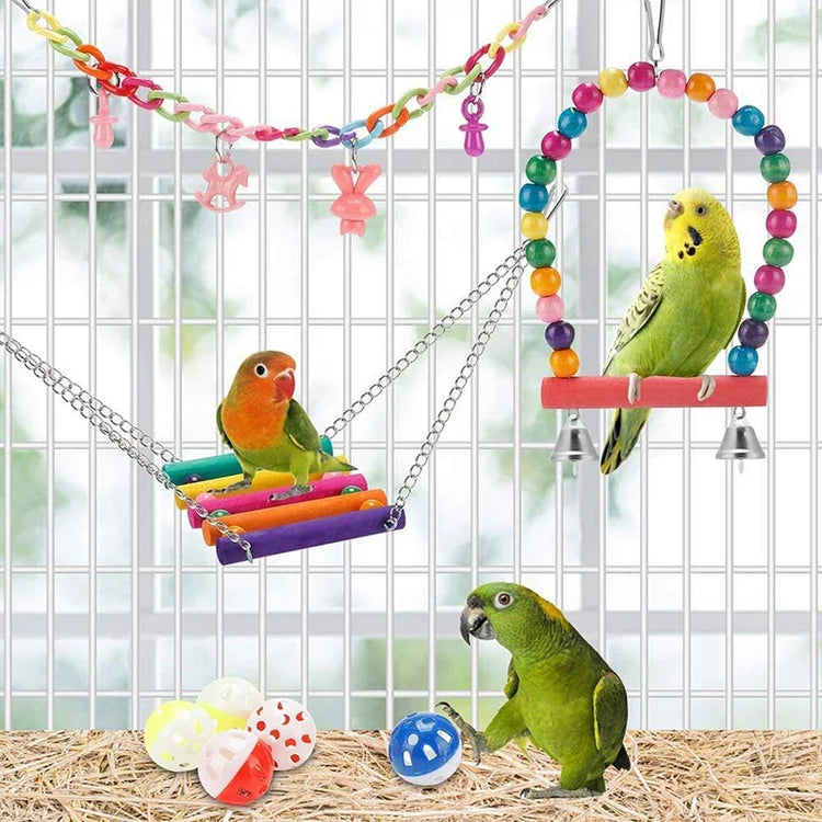 Bird Cage Toys for Parrots | Wood Birds Swing - Chewable Bite Bridge | Wooden Beads Shape Parrot Toy | 11pcs Parrot Toys Set