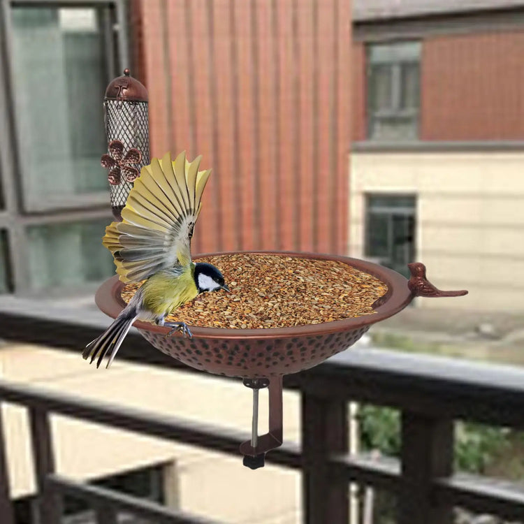 Outdoor Rail Bird Feeder SPA | Iron Bird Bath Bowl for Balcony, Deck, or Garden Railing | Sturdy Dual-Purpose Bird Feeder & Water Bowl
