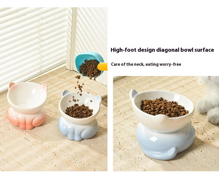 Cat Bowl Ceramic | High Foot | Diagonal Mouth | Neck Protection | Large Diameter Cat Food Bowl | Drinking Bowl | Anti-Overturning Design | Cat Food Bowl