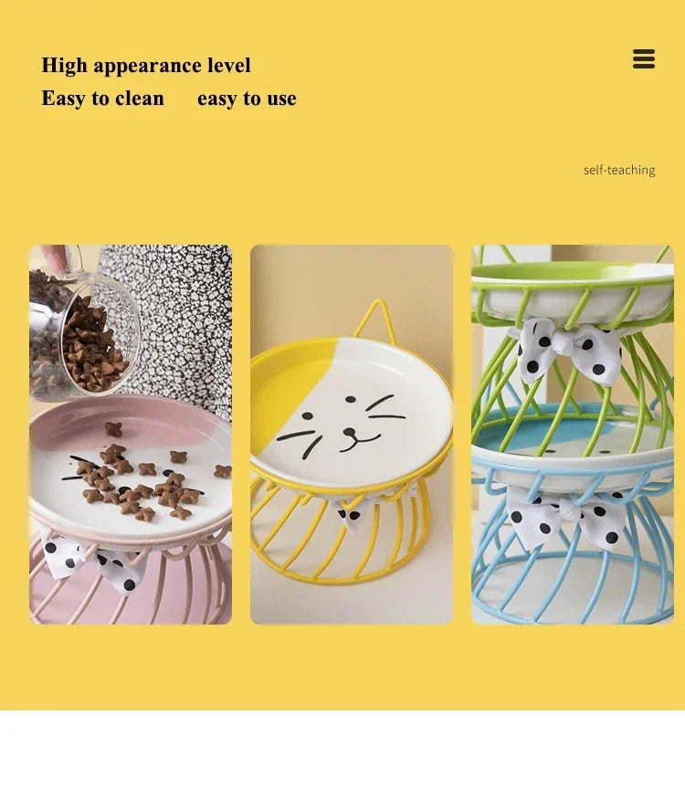 Ceramic Cat Food Bowl | High Foot Raised Pet Bowl | Cat Dog Feeding Dish | Cervical Spine Care | Outdoor Ceramic Bowl with Iron Stand | Anti-Tip Pet Feeder