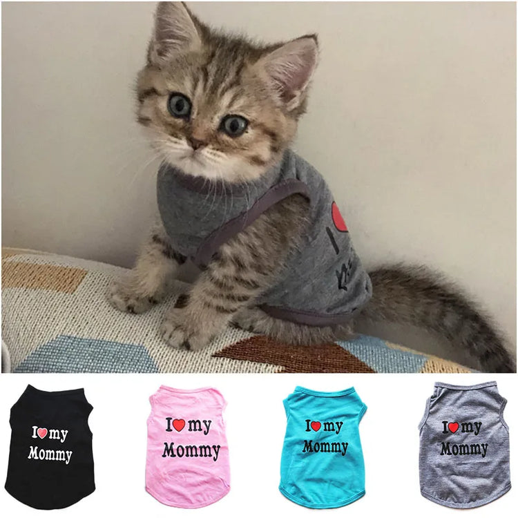 "Love Mommy & Daddy" Cotton Cat Vest | Cute Printed T-Shirt for Cats/ Small Dogs