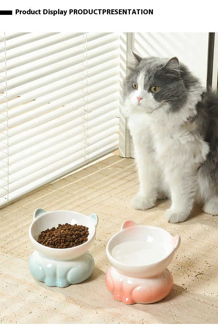 Cat Bowl Ceramic | High Foot | Diagonal Mouth | Neck Protection | Large Diameter Cat Food Bowl | Drinking Bowl | Anti-Overturning Design | Cat Food Bowl