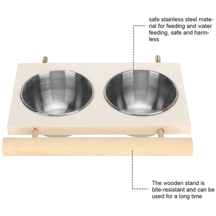 Bird Feeder | Stainless Steel Pet Parrot Feeding Bowl with Wooden Stand | Double Bowl Bird Feeding & Watering Supplies