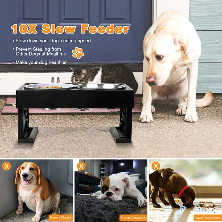 Dog Double Elevated Bowls Stand 3 Adjustable Height Pet Slow Feeding Dish Bowl Medium Big Dog Elevated Food Water Feeders Table