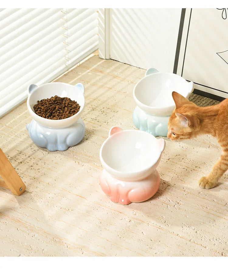 Cat Bowl Ceramic | High Foot | Diagonal Mouth | Neck Protection | Large Diameter Cat Food Bowl | Drinking Bowl | Anti-Overturning Design | Cat Food Bowl