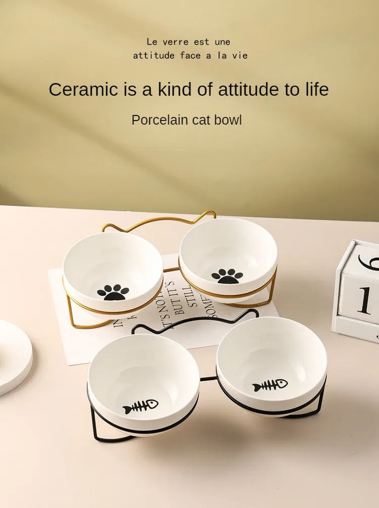 Ceramic Cat Bowl | Food & Water Bowl for Cats/Dogs | Double Ceramic Bowl Set | Cervical Protection | Pet Feeding Supplies
