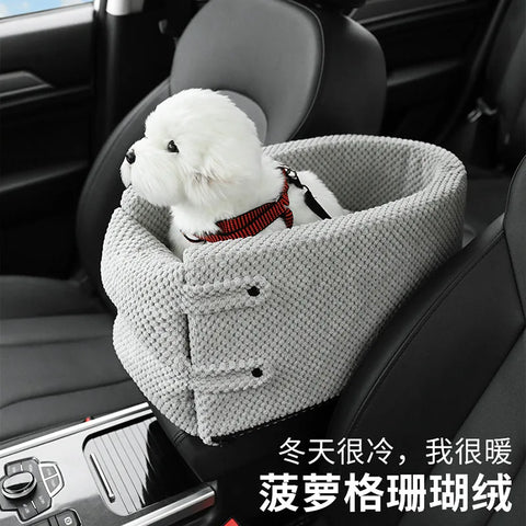 Central Console Dog Car Seat Bed – Portable Pet Carrier for Small Dogs & Cats, Travel Safety Seat