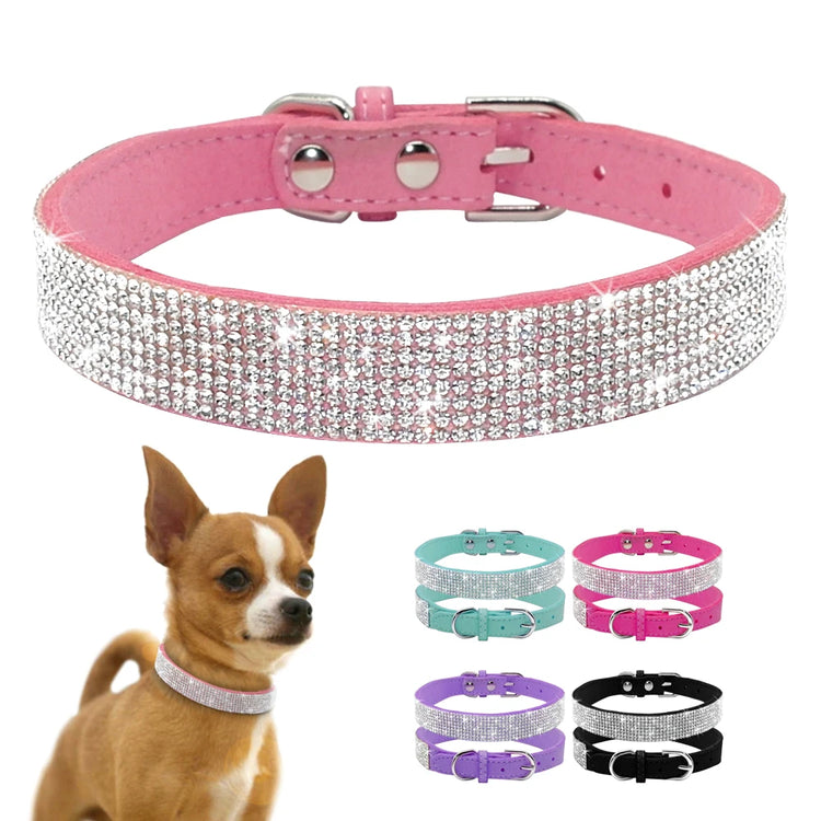 Bling Rhinestone Dog Cat Collars | Leather Pet Puppy Kitten Collar | Walk Leash Lead for Small Medium Dogs Cats | Chihuahua Pug Yorkie