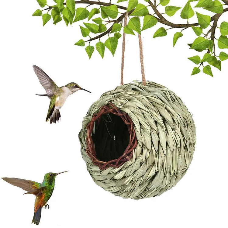 Hand-Woven Hanging Bird Nest | Natural Grass Cage House for Parrots, Finches & Sparrows | Outdoor Straw Bird Hut