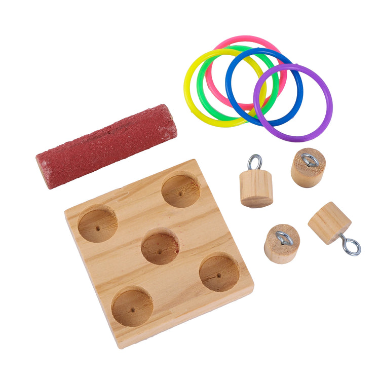Bird Training Toys Set | Wooden Block Puzzle Toys for Parrots - Colorful Plastic Rings / Intelligence Training Chew Toy - Bird Supplies