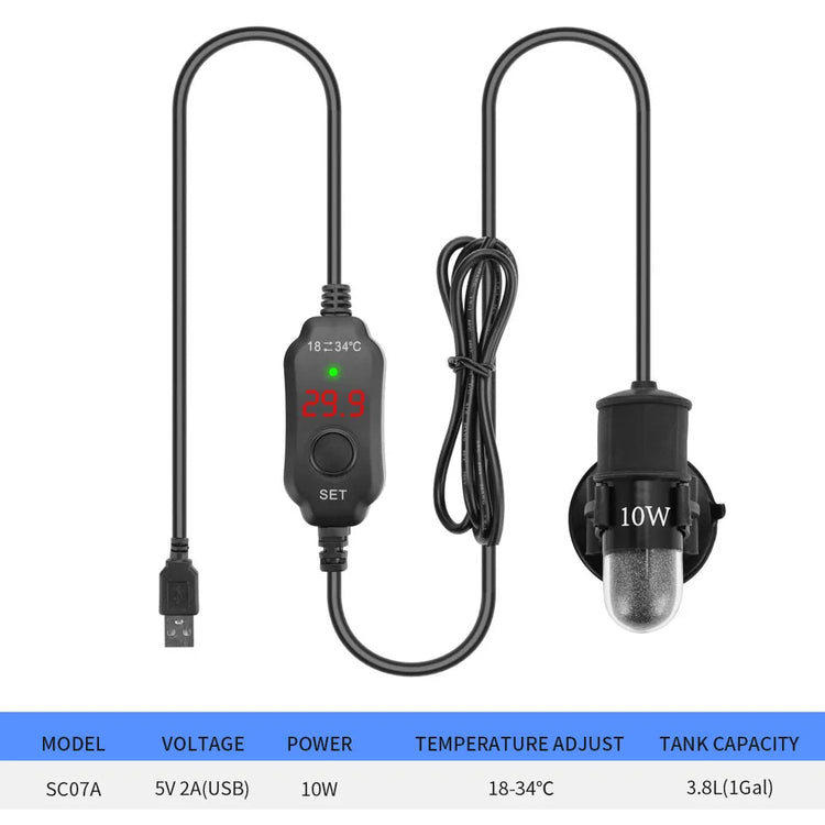 USB Mini Aquarium Heater – Adjustable 18–34°C, 10W Submersible Heating Rod for Small Tanks (2L)