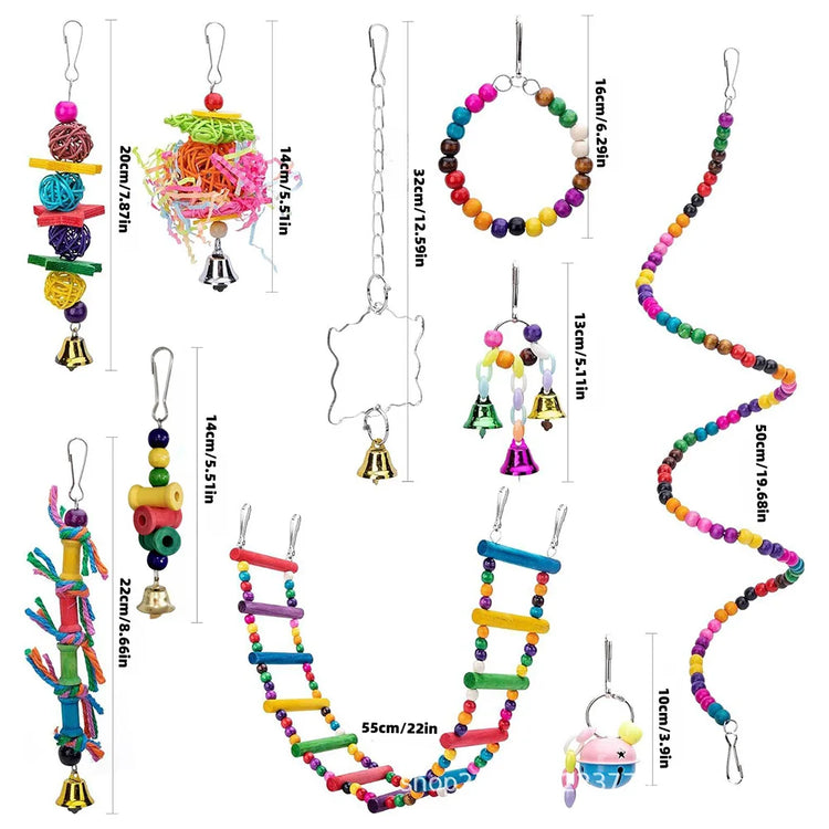 7PCS/16PCS Bird Toy Set | Parrot Cage Accessories - Safe Durable Hanging Toys / Bell & Chew Toys for Cockatiels, Parakeets, Lovebirds