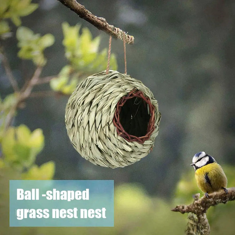 Hand-Woven Hanging Bird Nest | Natural Grass Cage House for Parrots, Finches & Sparrows | Outdoor Straw Bird Hut