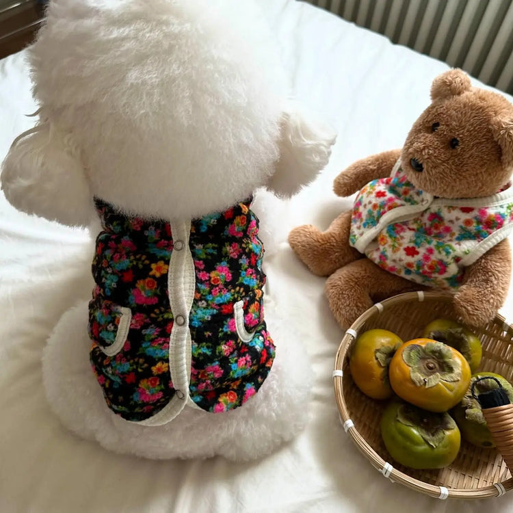 Cotton Pet Dog Clothes | Classic Shabby Flower Coat for Bichon | Teddy Warm Vest Puppy Clothing for Small Dogs