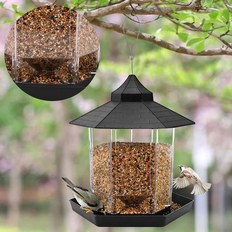 Wild Bird Feeder | Hanging Hexagonal Roof Pavilion | Semi-Automatic Garden Decoration | 1PCS