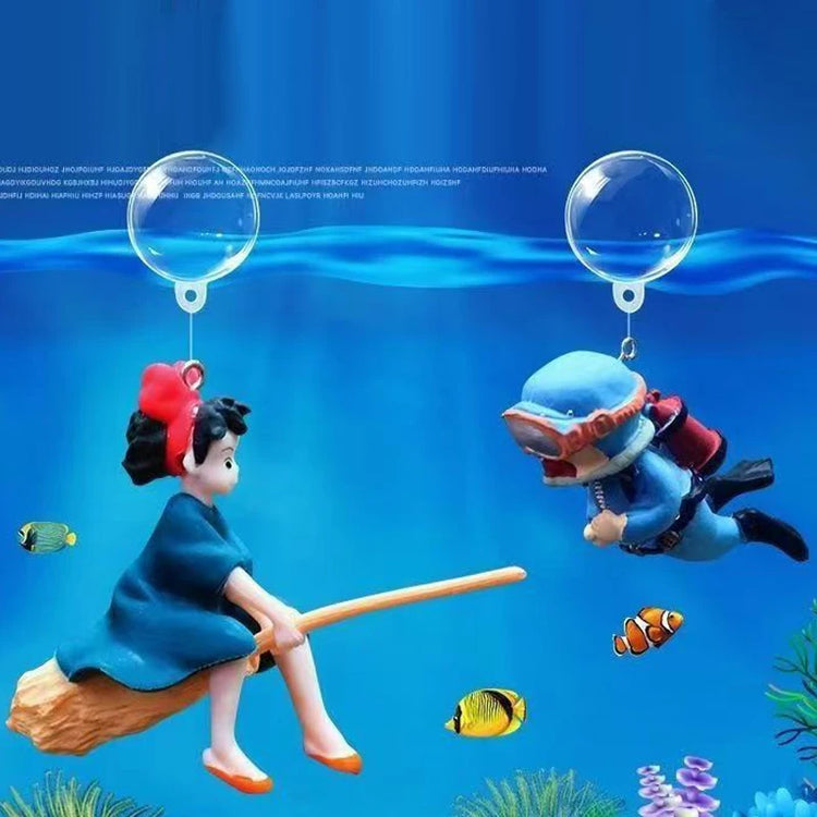 Mini Floating Diver & Mermaid Aquarium Decoration – Cartoon PVC Fish Tank Ornament with Line & Buoy