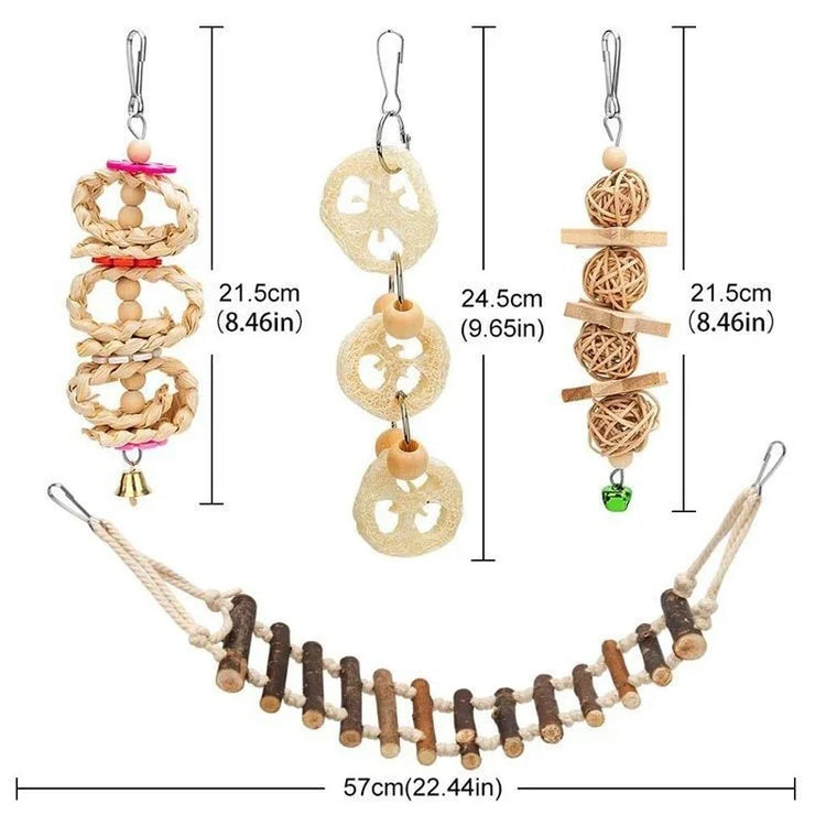 8PCS Bird Toys Set | Parrot Training Toys - Wood Bite Articles | Swing/Ball/Bell/Perch Combination Toy - Pet Birds