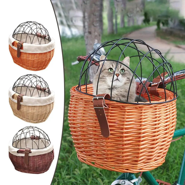 Wicker Pet Carrier | Front Bike Basket with Wire Mesh Cover - Small Dogs/Cats