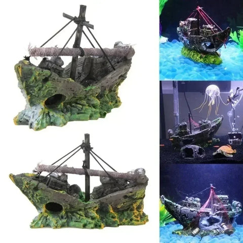 Aquarium Pirate Ship Wreck Ornament – Resin Fish Tank Cave Decor, Vintage Sunk Ship Design
