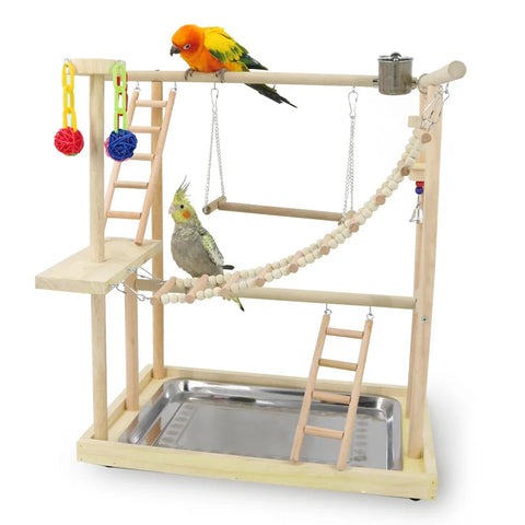 Wood Parrot Playground | Playgym with Feeder | Bird Playstand | Perches with Ladders | Cockatiel Lovebirds Activity Center