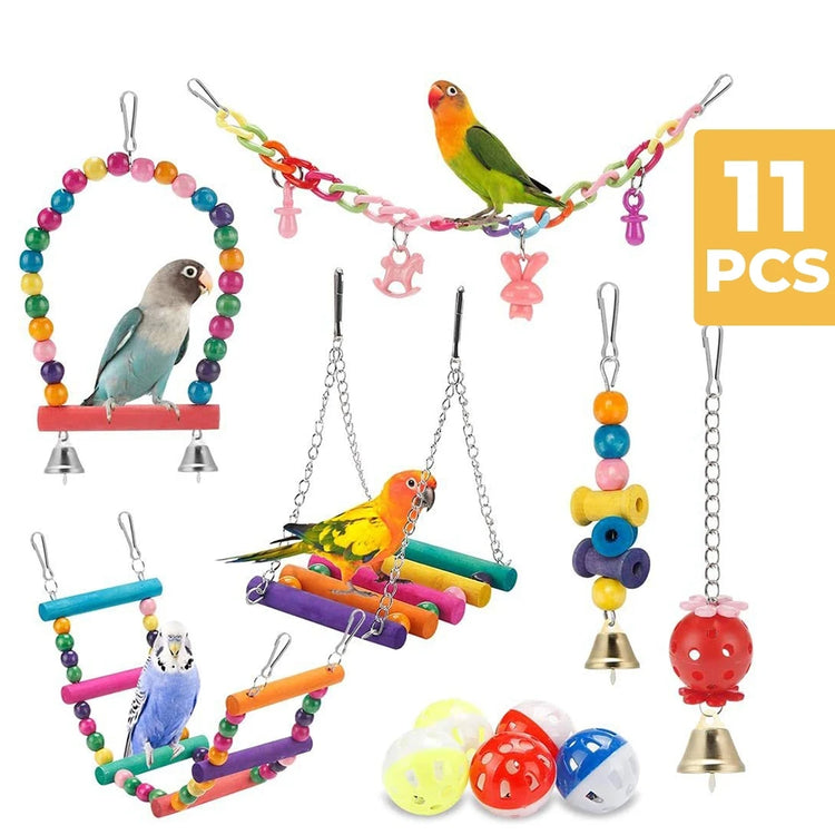 11Pcs Bird Cage Toys for Parrots | Wood Birds Swing | Reliable Chewable Bite Bridge / Wooden Beads Shape Parrot Toy - Bird Toys