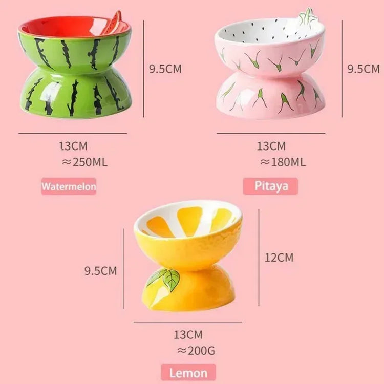 Cat Bowl | Ceramic Cervical Protection | Elevated Grain Bowl | Tilted Mouth | Water & Snack Dish | Pet Products | Fruit Shape Design