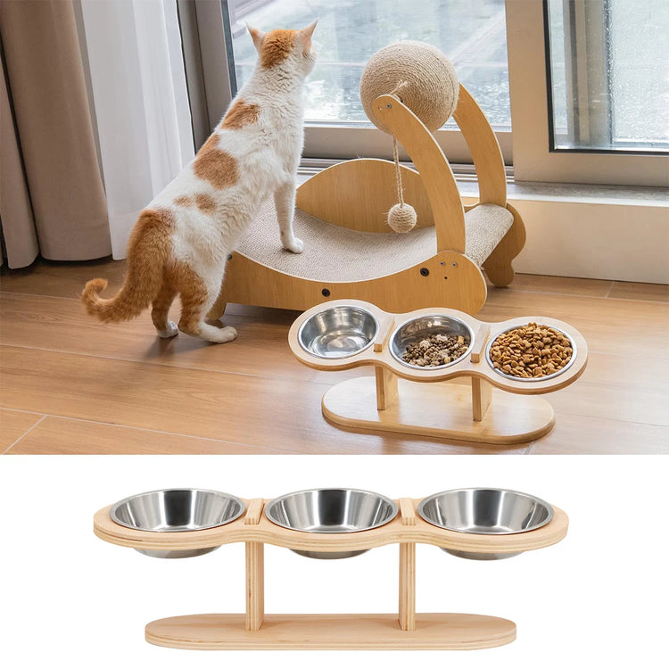 Elevated Cat Dog Bowls | 15° Tilted Raised Pet Bowls | Double Wooden Stand | Stainless Steel Food & Water Bowls | For Cats & Small Dogs | Pet Supplies