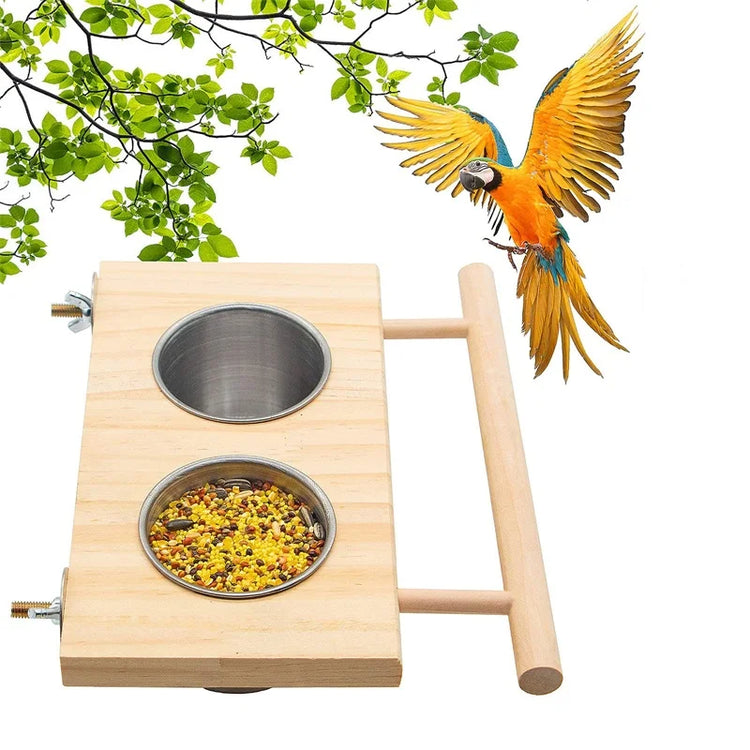 Bird Feeder | Stainless Steel Pet Parrot Feeding Bowl with Wooden Stand | Double Bowl Bird Feeding & Watering Supplies