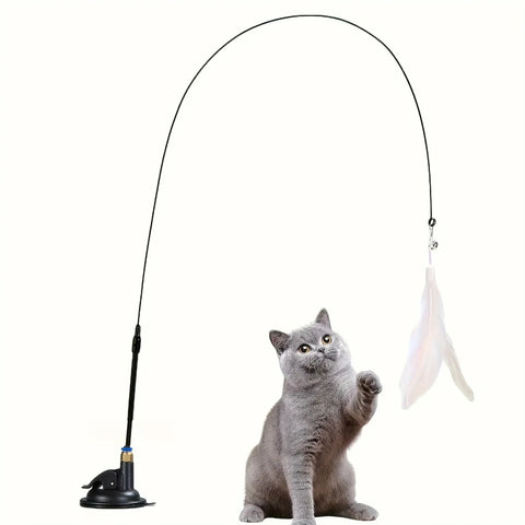 Interactive Cat Teaser Toy | Bell and Feather | Long Suction Cup Pole