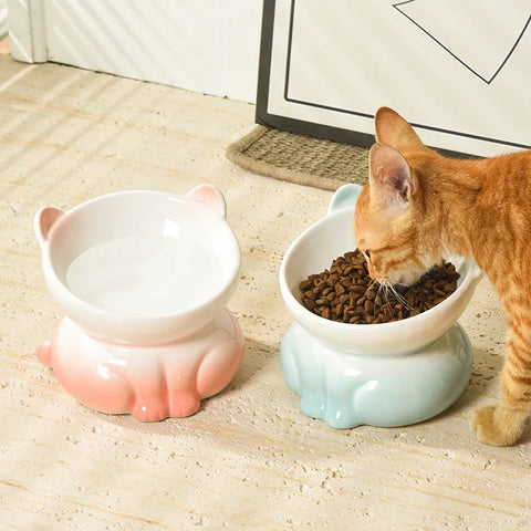 Cat Bowl Ceramic | High Foot | Diagonal Mouth | Neck Protection | Large Diameter Cat Food Bowl | Drinking Bowl | Anti-Overturning Design | Cat Food Bowl