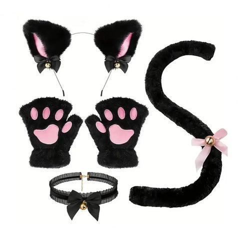 Cosplay Cat Costume Kit | Plush Accessories Set - Headband/Tail/Gloves/Necklace | Dress-Up | Party Wear | Halloween Outfit