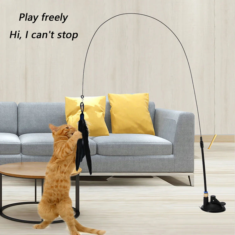 Cat Teaser Toy | Interactive Bell & Feather Wand | Suction Cup Pole | Long Flexible Cat Wand | Exciting Cat Play Toy | Cat Feather Toy | Pet Supplies
