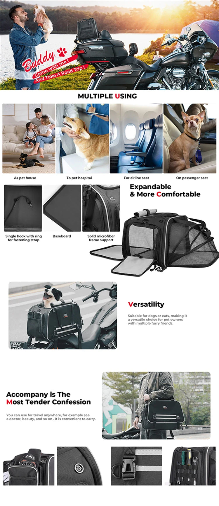 Motorcycle Pet Carrier Bag | Airline Approved Portable Travel Carrier for Cats/Dogs | Fits Luggage Rack or Passenger Seat