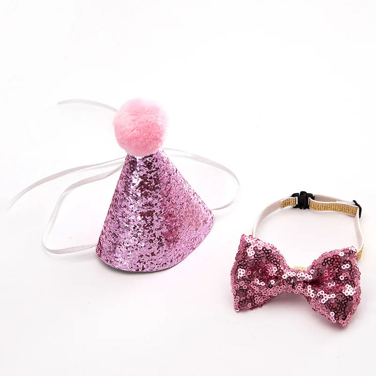 Cat Dog Bow Tie/Hat Decoration | 2Pcs Set | Baby Birthday Party Prop - Glitter Pom Pom Headwear + Bowknot Collar | Pet Supplies