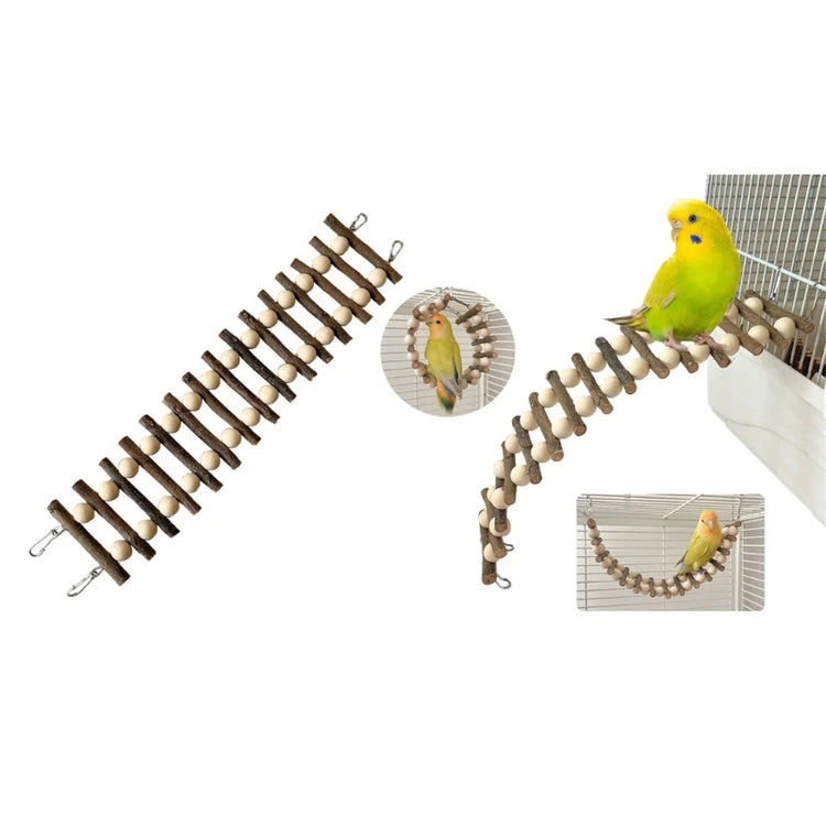 Parrot Ladder Toy | Wooden Cage Training Perch with Hooks for Small & Medium Birds