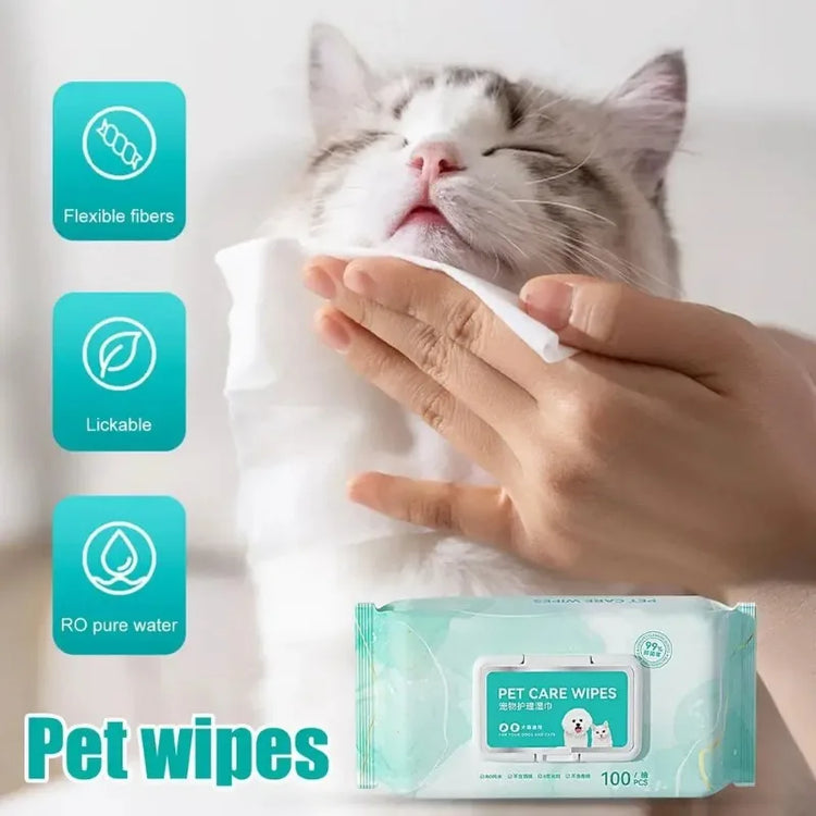 100Pcs/Set Pet Wipes | Cat/Dog Deodorant Moisturizing Cleaning Wipes | Tear Stains & Odor Removal | Safe Gentle Pure Water Pet Supplies