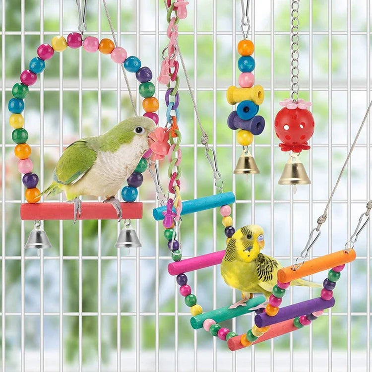 Bird Cage Toys for Parrots | Wood Birds Swing - Chewable Bite Bridge | Wooden Beads Shape Parrot Toy | 11pcs Parrot Toys Set