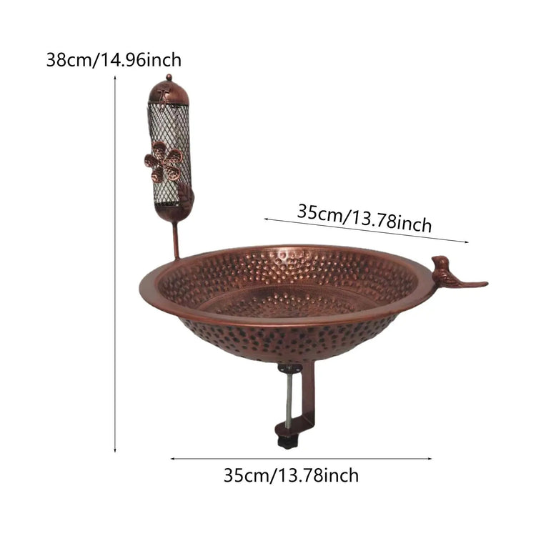 Outdoor Rail Bird Feeder SPA | Iron Bird Bath Bowl for Balcony, Deck, or Garden Railing | Sturdy Dual-Purpose Bird Feeder & Water Bowl