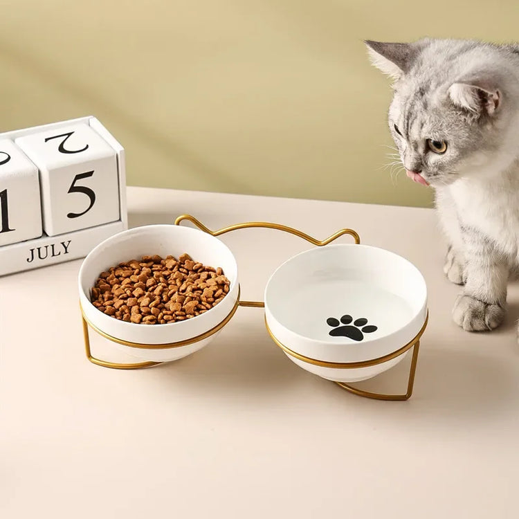Ceramic Cat Bowl | Food & Water Bowl for Cats/Dogs | Double Ceramic Bowl Set | Cervical Protection | Pet Feeding Supplies