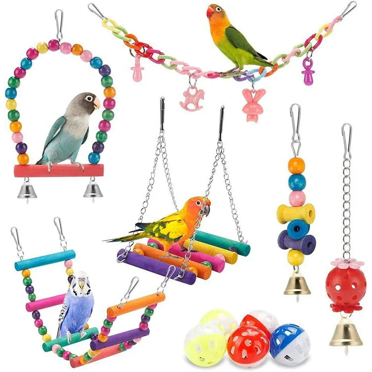 Bird Cage Toys for Parrots | Wood Birds Swing - Chewable Bite Bridge | Wooden Beads Shape Parrot Toy | 11pcs Parrot Toys Set