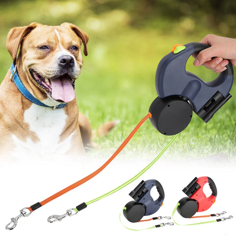 Dual-Head Retractable Dog Leash with LED Light – Extendable, Tangle-Free, and Reflective