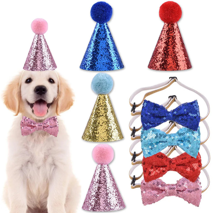 Cat Dog Bow Tie/Hat Decoration | 2Pcs Set | Baby Birthday Party Prop - Glitter Pom Pom Headwear + Bowknot Collar | Pet Supplies