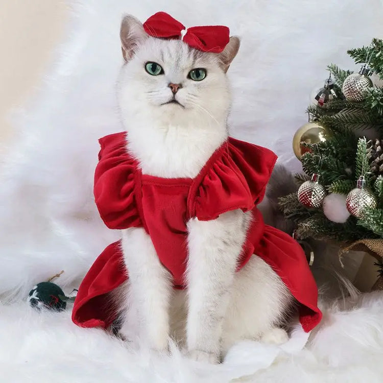 Christmas Pet Dress for Cats & Small Dogs | Red Bow Skirt | Holiday Costume