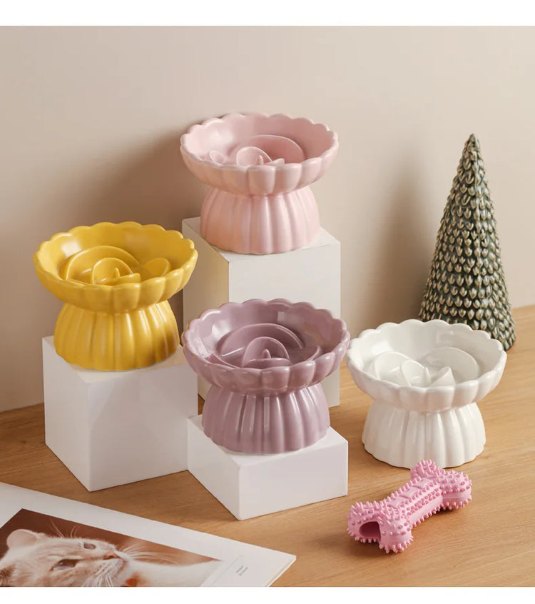 Cat Food Bowl | Ceramic Elevated | Cats/Small Dogs | Slow Feed Bowls | Anti-Choking Eating Feeders | Anti-Gulping Puppy Supplies