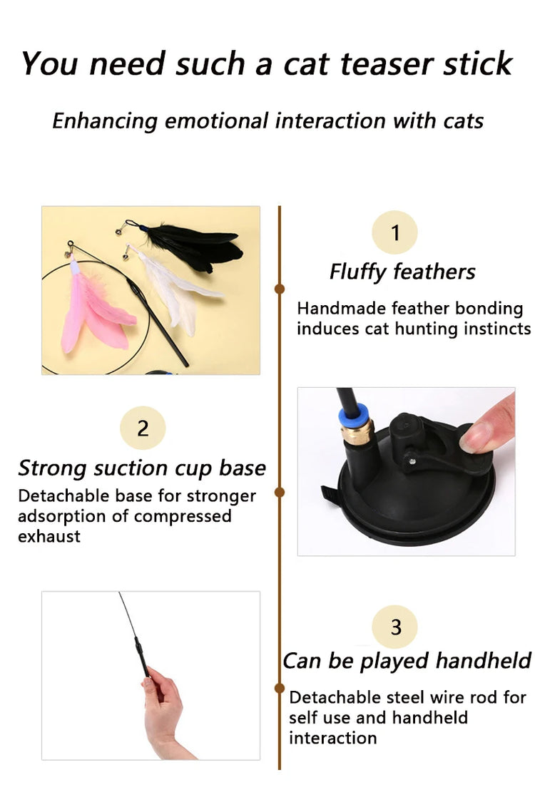 Cat Teaser Toy | Interactive Bell & Feather Wand | Suction Cup Pole | Long Flexible Cat Wand | Exciting Cat Play Toy | Cat Feather Toy | Pet Supplies