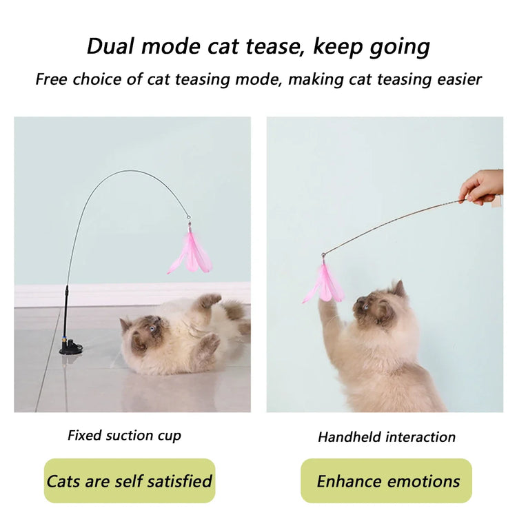 Cat Teaser Toy | Interactive Bell & Feather Wand | Suction Cup Pole | Long Flexible Cat Wand | Exciting Cat Play Toy | Cat Feather Toy | Pet Supplies