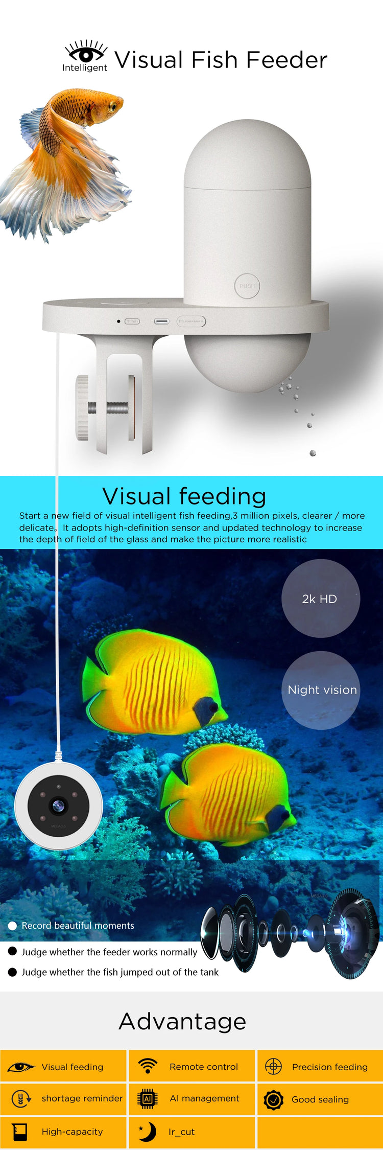 Automatic Aquarium Fish Feeder with 2K HD Camera and WiFi Control