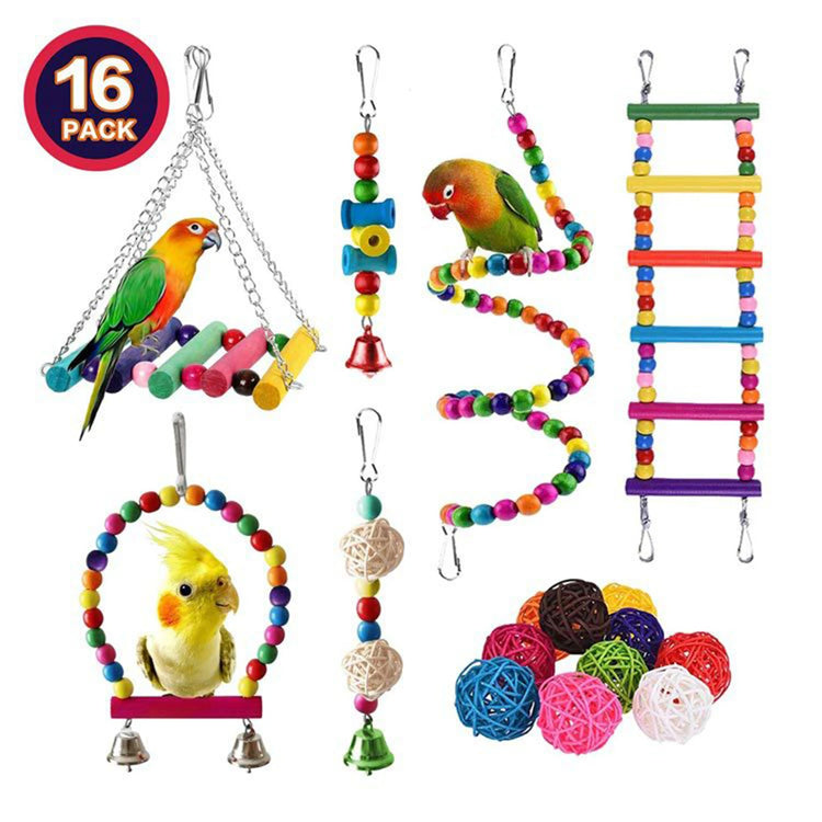 7PCS/16PCS Bird Toy Set | Parrot Cage Accessories - Safe Durable Hanging Toys / Bell & Chew Toys for Cockatiels, Parakeets, Lovebirds