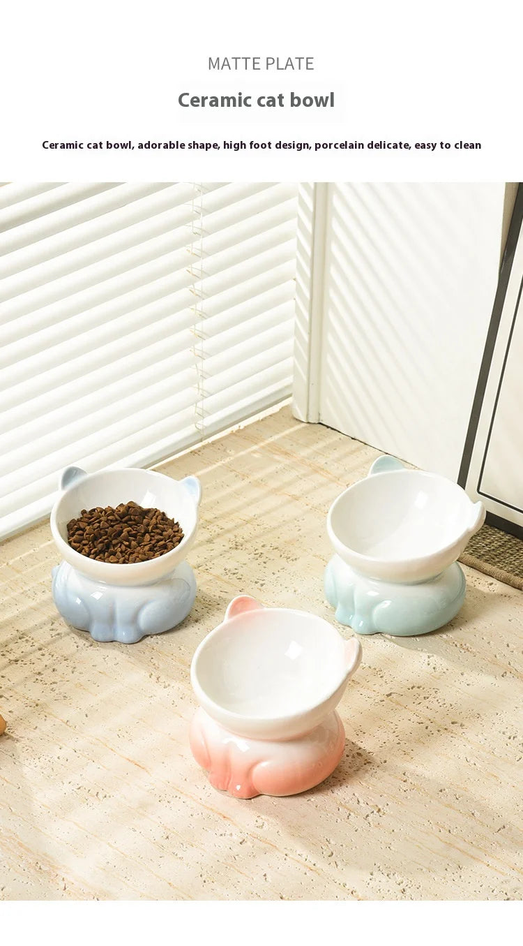 Cat Bowl Ceramic | High Foot | Diagonal Mouth | Neck Protection | Large Diameter Cat Food Bowl | Drinking Bowl | Anti-Overturning Design | Cat Food Bowl