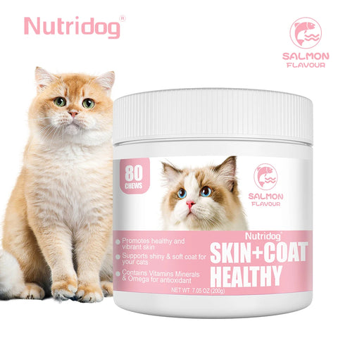 Skin & Coat Cat Chews | Omega 3, Vitamin E, Biotin Supplements | Healthy Skin & Glossy Coat | Anti-Shedding Support | Salmon Flavor